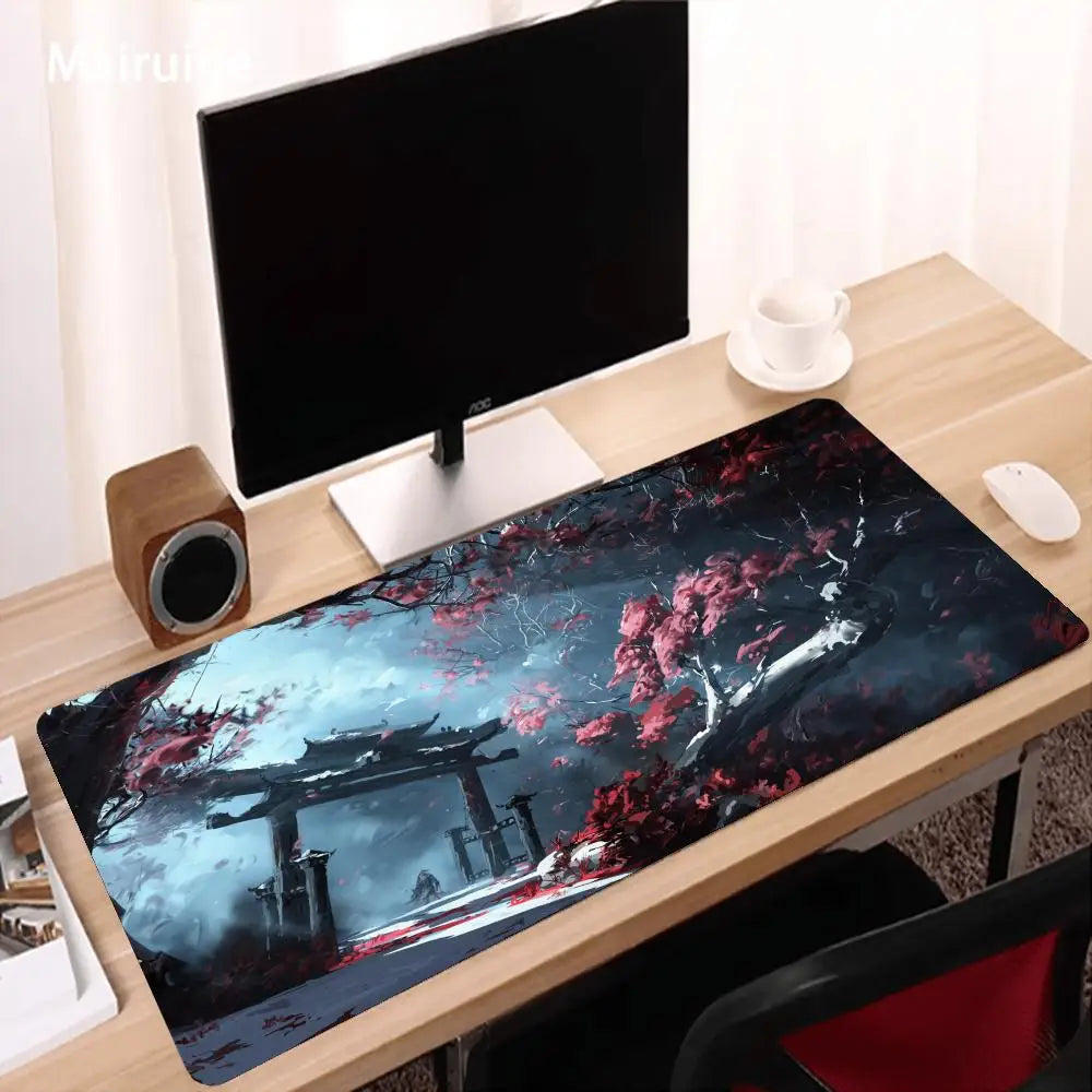 tapis souris gaming paysage oriental arbres fleuris bleu noir rouge