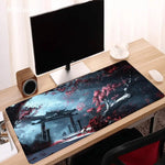tapis souris gaming paysage oriental arbres fleuris bleu noir rouge