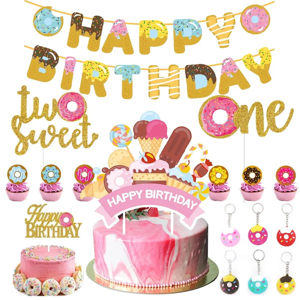 accessoires fête enfant anniversaire donuts colorés adhésifs rose blanc vert serviettes assiettes festives
