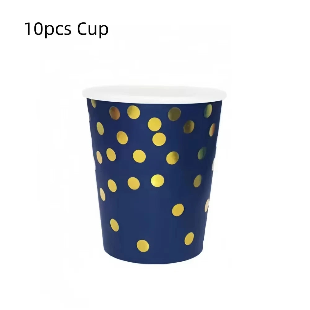 vaisselle jetable moderne assiettes bleu marine fourchette cuillère nappe dorée points festif