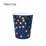 vaisselle jetable moderne assiettes bleu marine fourchette cuillère nappe dorée points festif