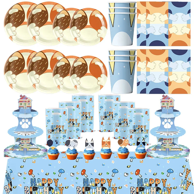 kit decoration anniversaire chien bleu assiettes gobelets serviettes guirlande support cupcake decor animaux
