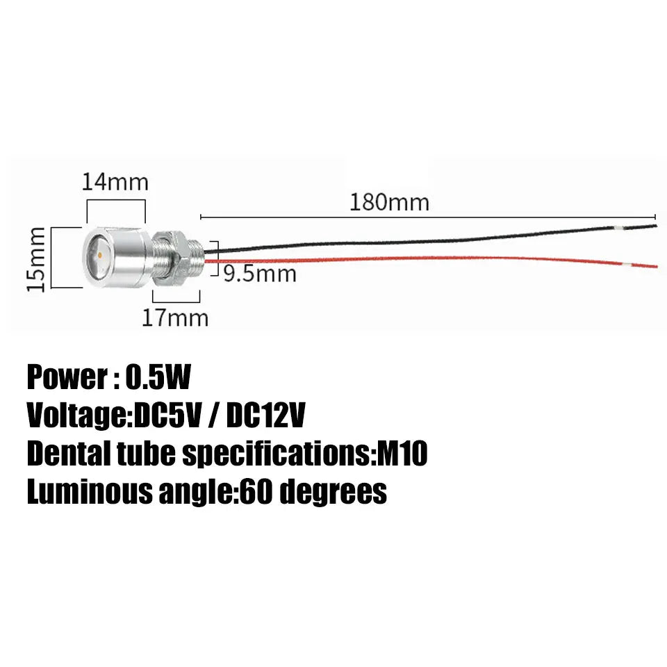 lampe led argentée moderne 0.5w 17mm 180mm câbles noirs rouges 40 60 degree