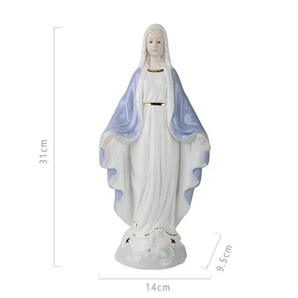 statue religieuse madone céramique bleu clair blanc doré details sculptés classique