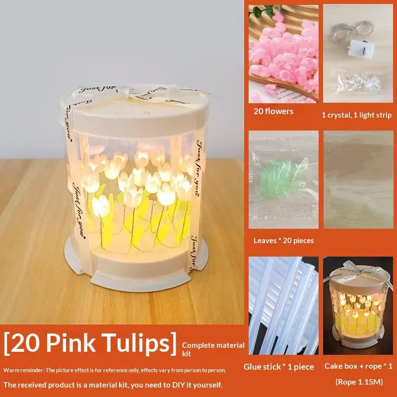 boîte gâteau lumineuse transparente tulipes colorées moderne décoration chambre veilleuse artisanale feuilles plastique