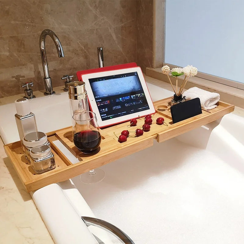 baignoire plateau bois clair fruits fleurs relaxante spa produits beauté adjustable