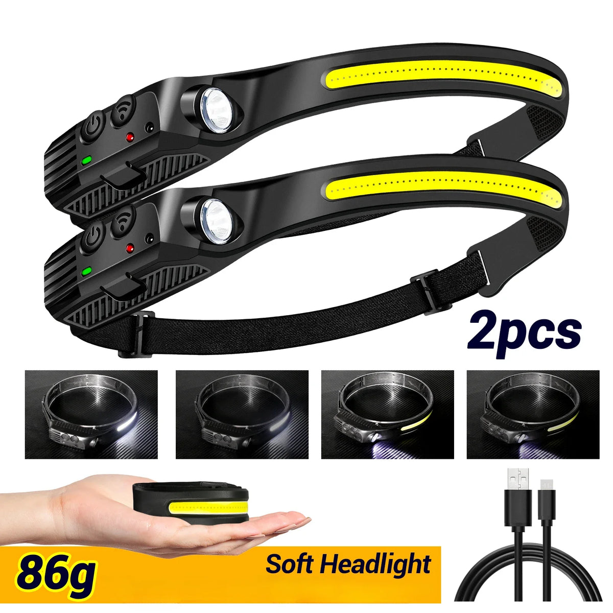 lampe frontale rechargeable led noir jaune blanc rayures moderne compact ceinture camping