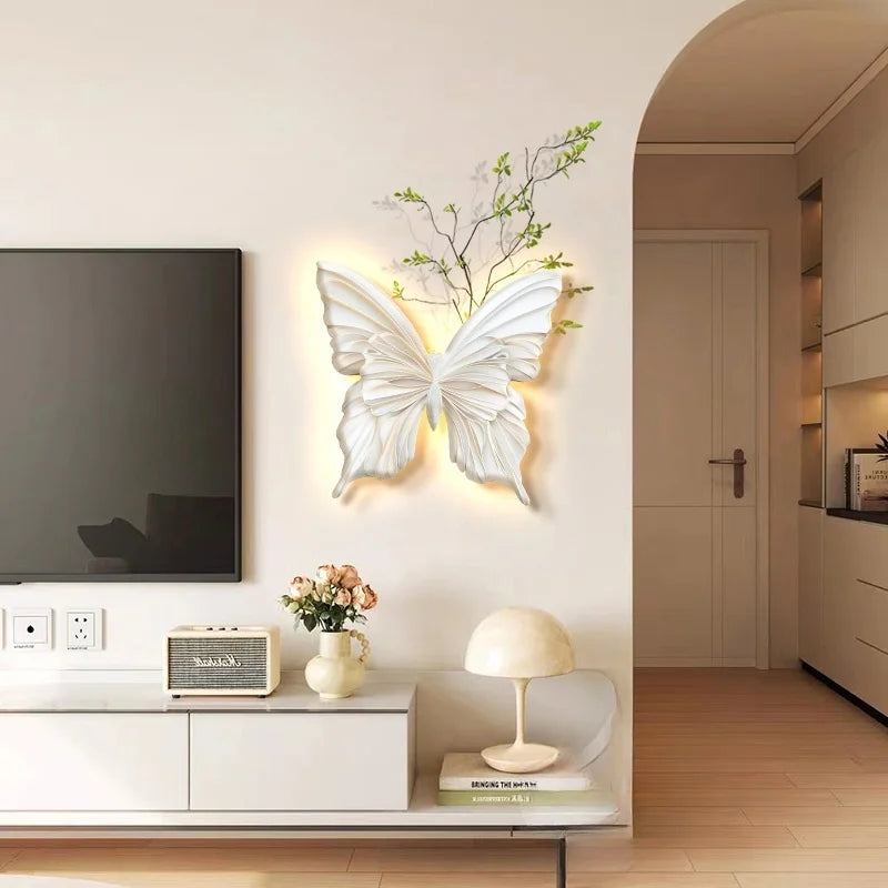 applique murale moderne papillon blanc feuilles vertes éclairage led chambre salon déco nordique