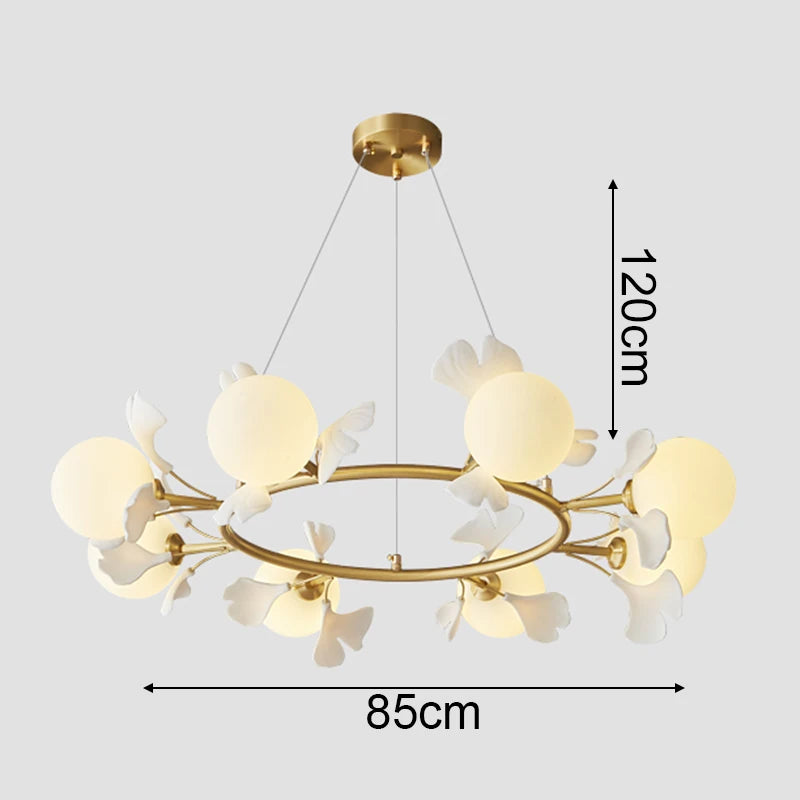 suspension lumineuse or contemporaine boules lumineuses opalescentes fleurs décoratives chambre coucher salon