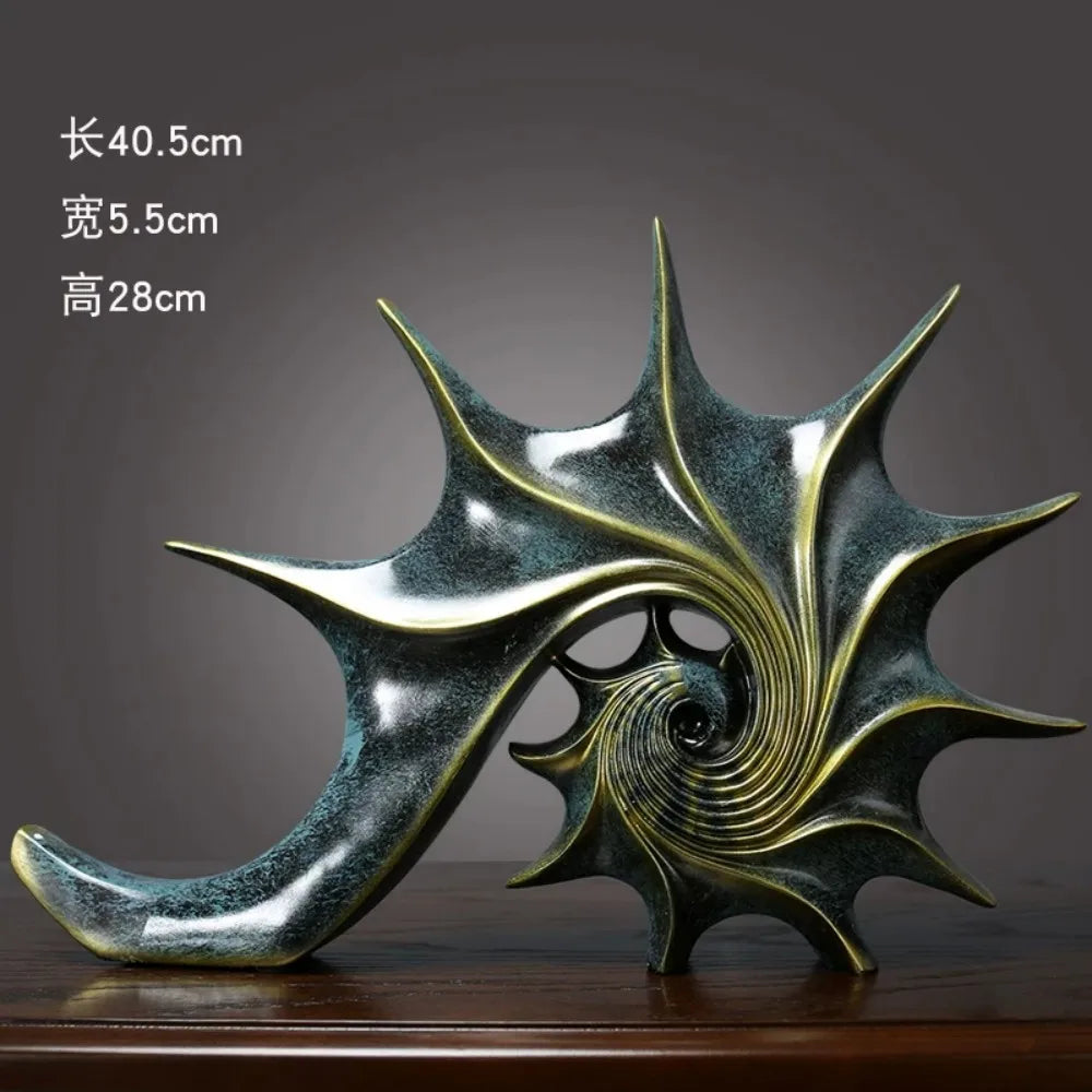 sculpture coquillage vert doré résine spirale moderne art déco brillant