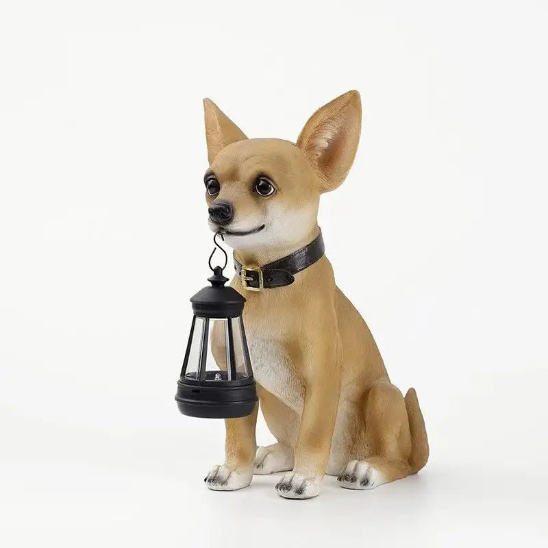 statue chihuahua résine animaux compagnie patio jardin extérieur lumières led lanterne transparente collier boucle