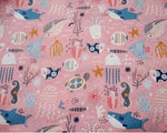 tissu coton imprimé thème marin poissons coquillages enfants blanc rose bleuclair vert