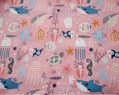tissu coton imprimé thème marin poissons coquillages enfants blanc rose bleuclair vert
