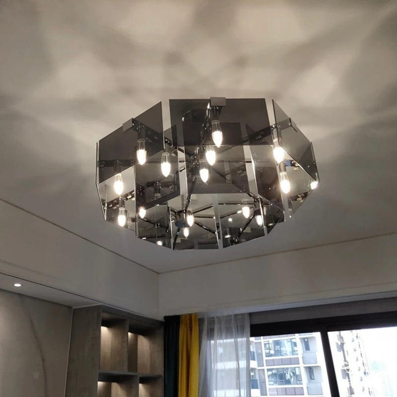 lampe suspendue moderne noir transparent facettes géométriques réfléchissantes salon restaurant chambre
