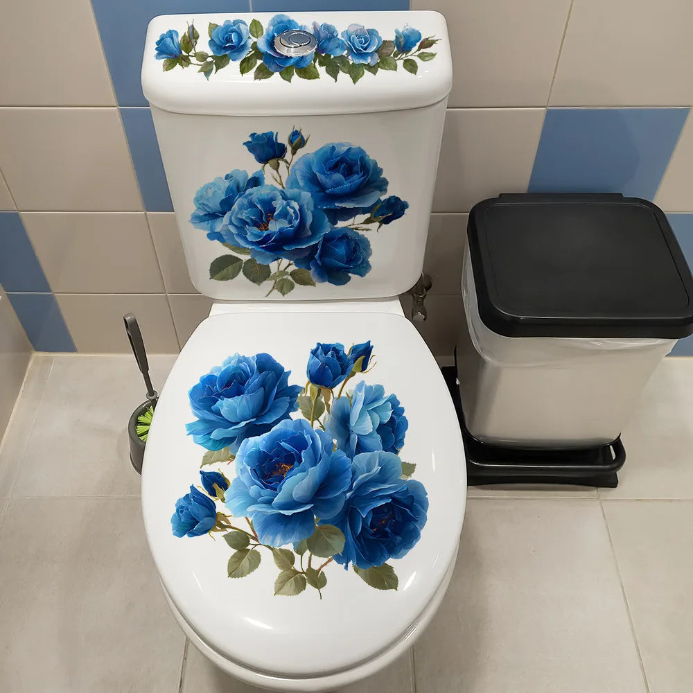 cache wc fleurs roses bleues feuilles vertes adhésif salle bain moderne classique blanc bleu