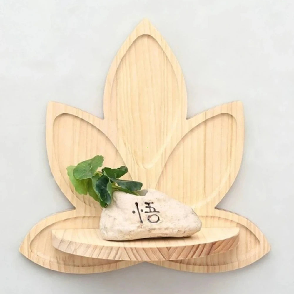étagères murales bois lotus zen décoration naturelle plante pot pierre inscription minimaliste murale