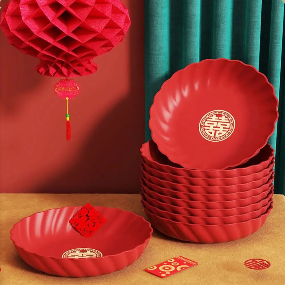 assiettes décoratives rouge motif chinois ondulé deux tailles modernes festives collations événements