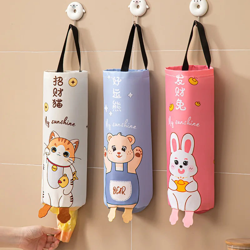 sac rangement polyestère réutilisable blanc dessin animé chats lapins poignée noire moderne cartoon cuisine