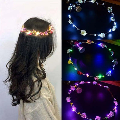 Couronne lumineuse LED fleurs blanc bandeau femme