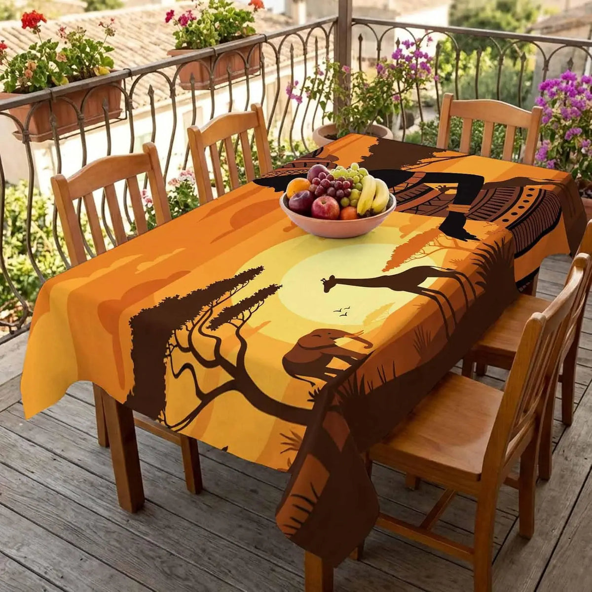 nappe table moderne africaine animaux éléphants paysage coucher soleil orange marron beige festiveextérieur