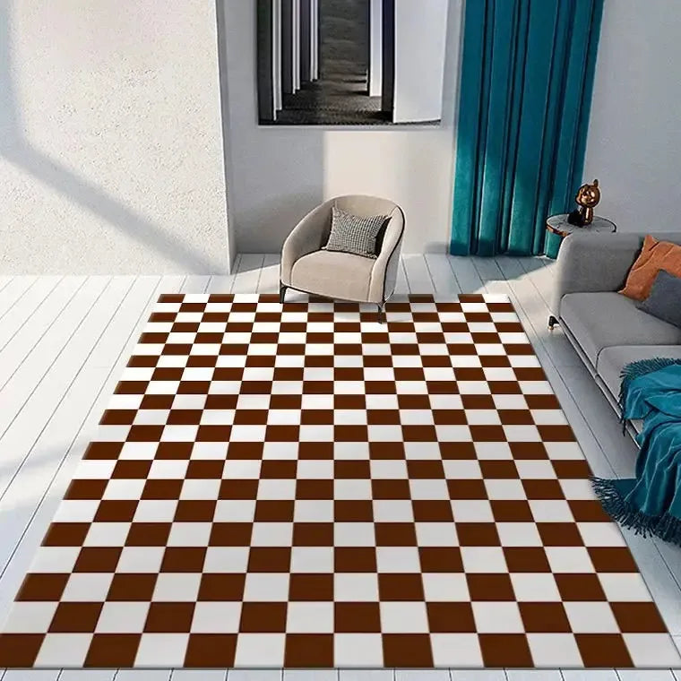 tapis salon moderne carreaux géométriques noir blanc marron beige rose grande taille intérieur