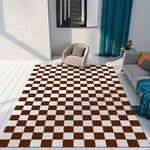 tapis salon moderne carreaux géométriques noir blanc marron beige rose grande taille intérieur