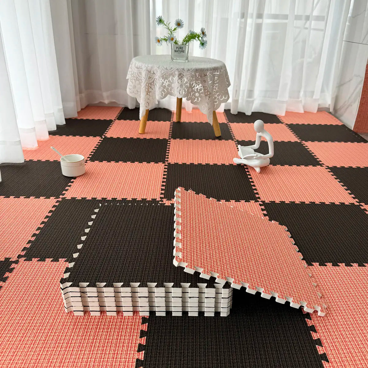 tapis sol modulable carreaux géométriques orange gris beige moderne fonctionnel clips