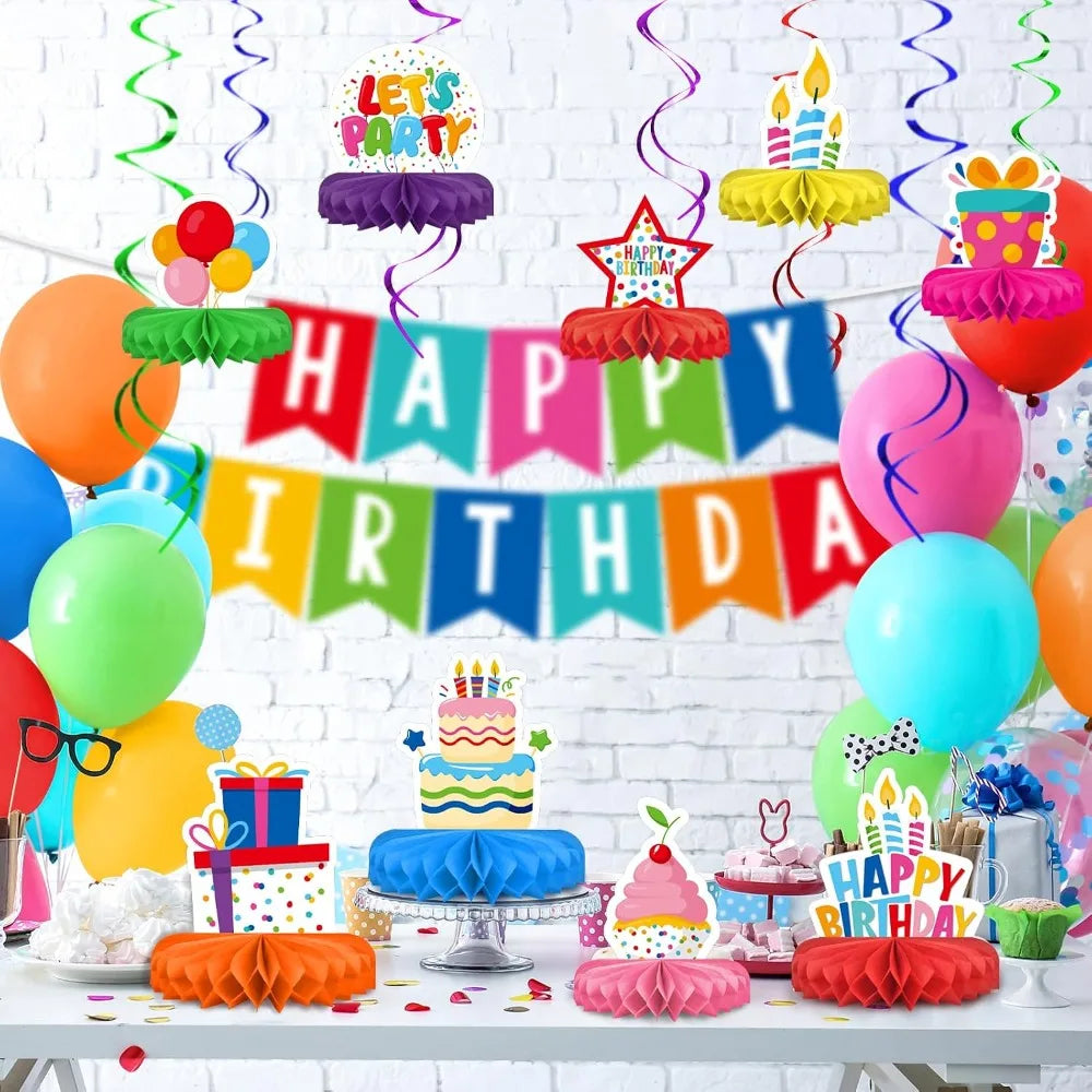 décorations fête anniversaire multicolores gâteaux cadeaux ballons happy birthday confettis points festives