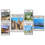 Cette image contient six affiches de villes allemandes telles que Moers, Siegen, Reutlingen, Remscheid et Bremerhaven, mettant en valeur leur patrimoine architectural et leurs paysages.