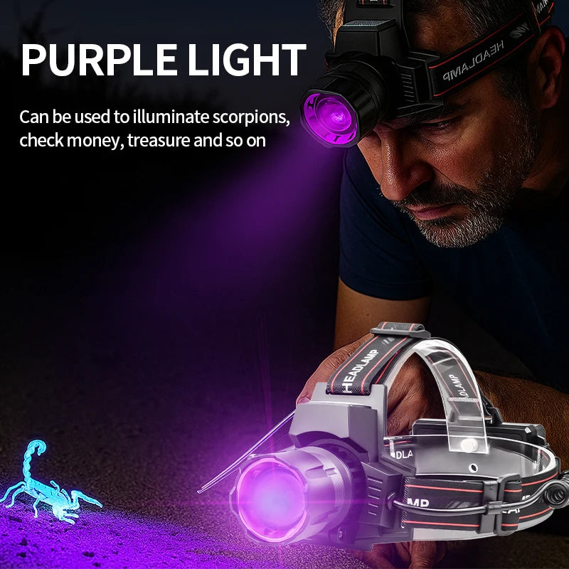 lampe frontale uv 395nm led rechargeable zoomable noir violet blanc