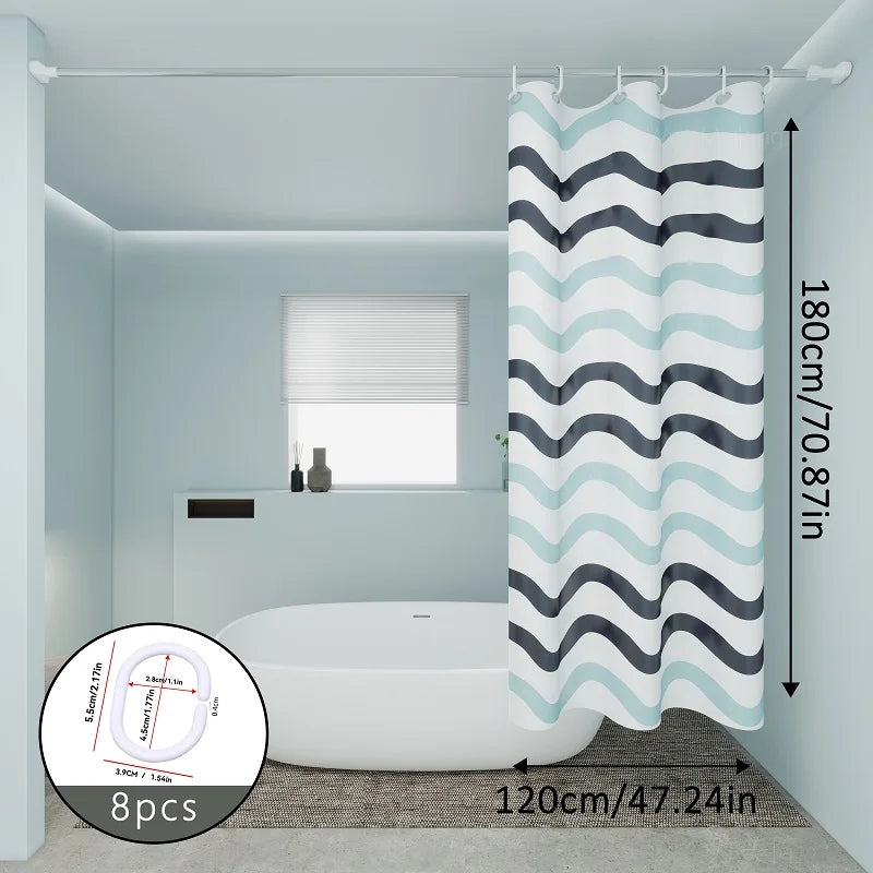 rideau douche moderne éva blanc bleu gris motif rayures ondulées opacité ourlet standard respectueux