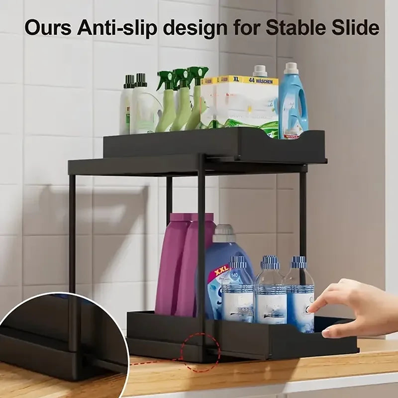 rangements noirs coulissants deux niveaux moderne cuisine salle bain produits ménagers bouteilles lessive lingetteséconomiespace