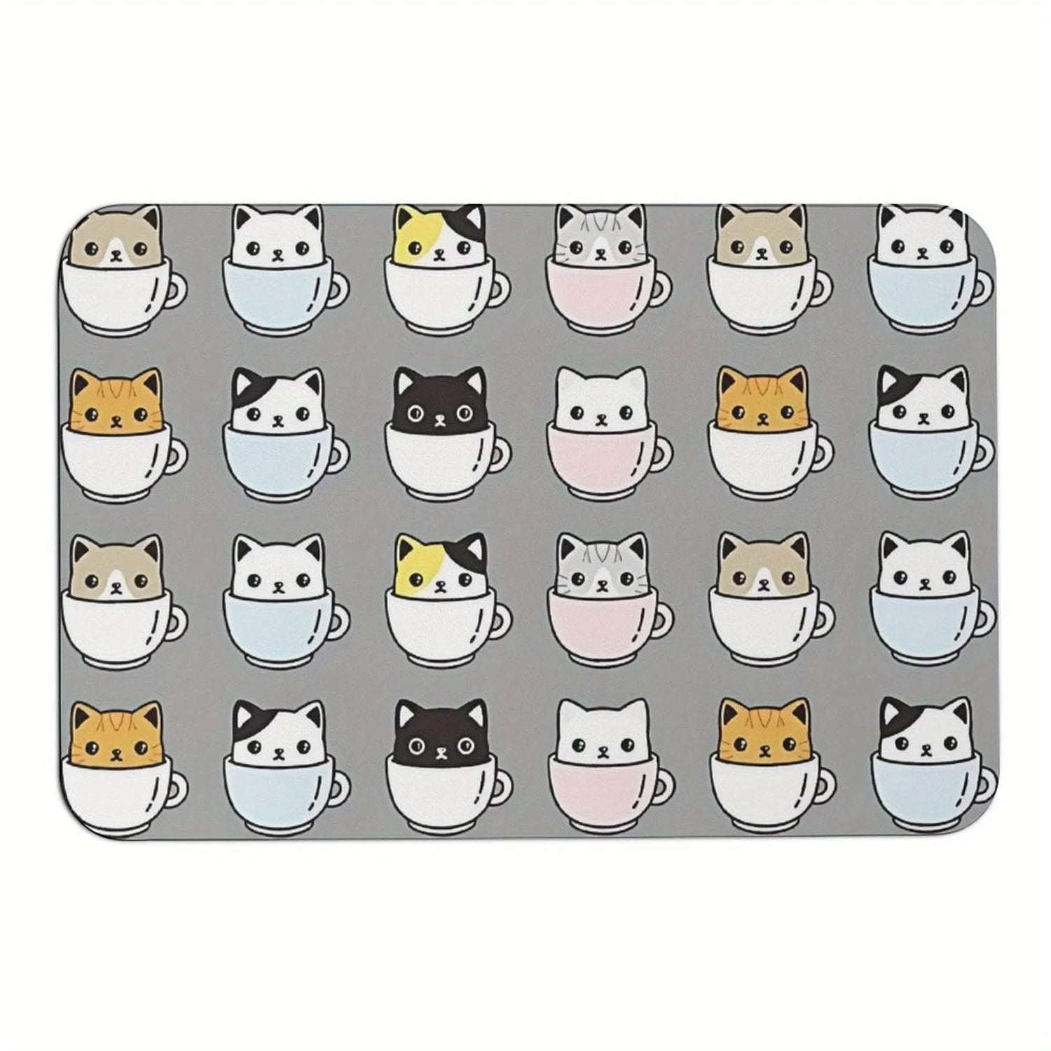 Paillasson chats mignons dans les tasses gris foncé vu de face
