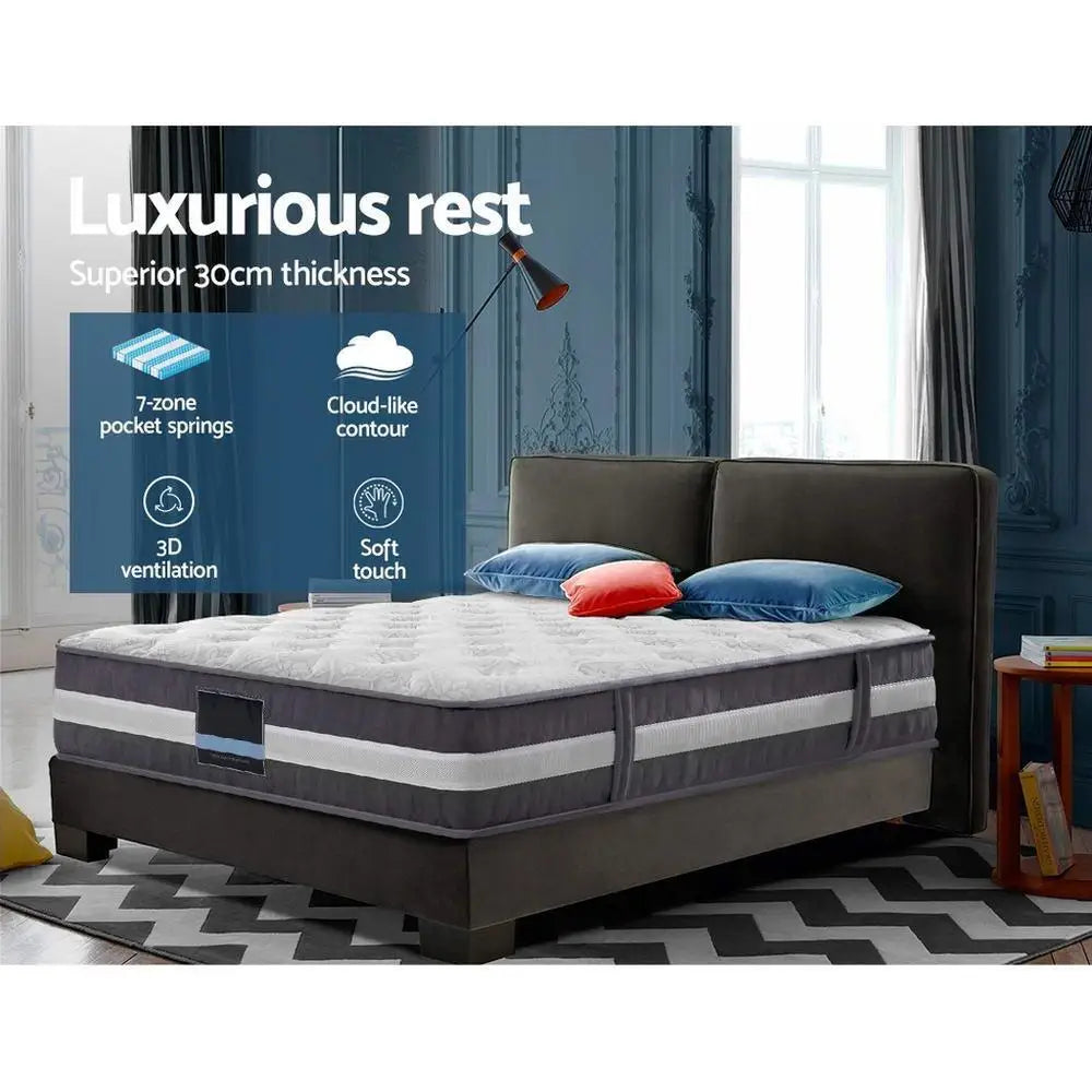 matelas ressorts ensachés 30cm moelleux mousse haute densité tissu floral moderne gris blanc