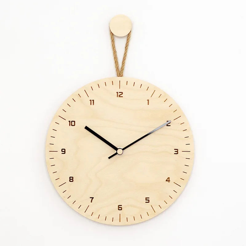 horloge murale bois naturel aiguilles feuilles gravure enjoy your time cordelette vintage circulaire