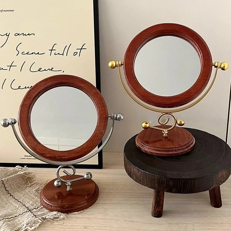 miroir table rotatif vintage rétro marron doré élément métallique bois base
