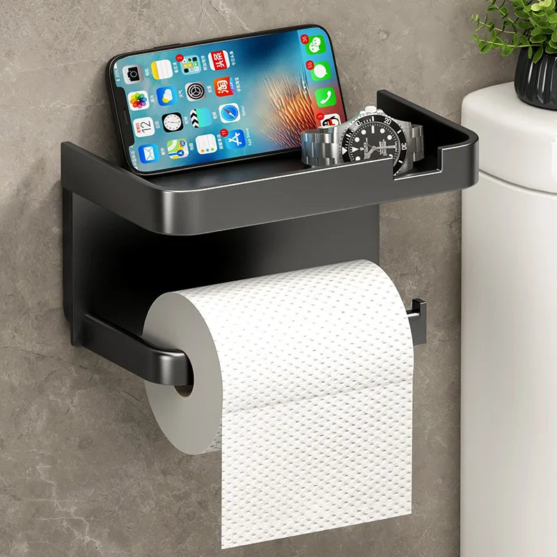 rangement mural moderne noir papier toilette étagère téléphone salle bain minimaliste adhésif flacons plantes
