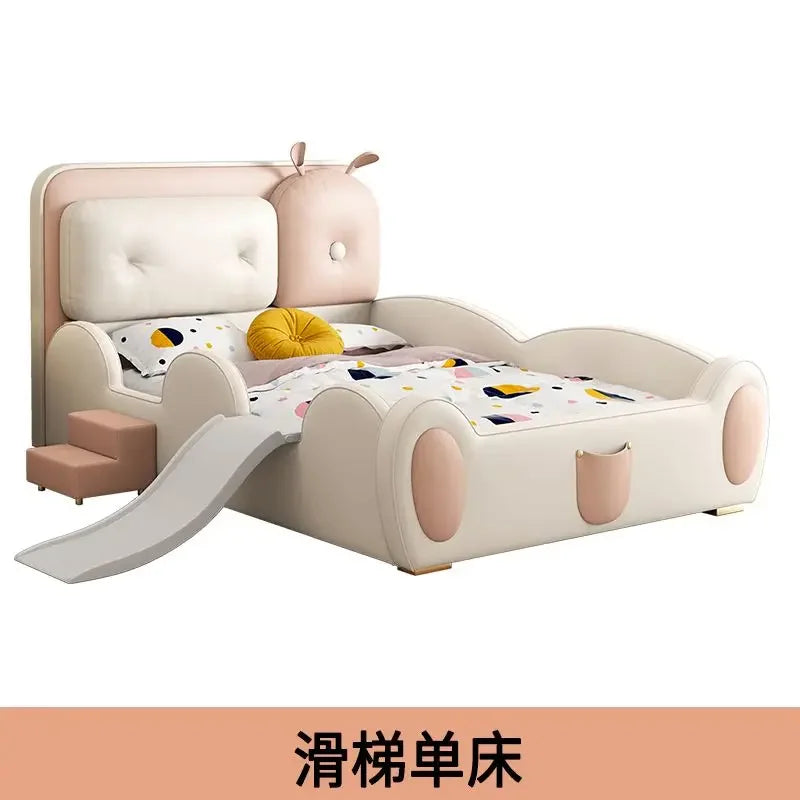 lit enfant toboggan simili cuir beige rose doux moderne tapis rond coussins