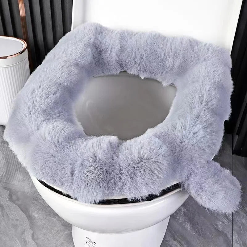 couvre siège toilette fourrure synthétique gris blanc rose adhésif confortable doux