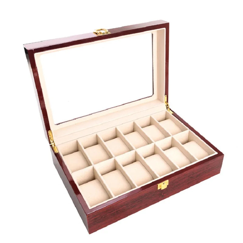 boîtes montres marron foncé compartiments bois luisants poignées dorées classiques organisateur montres luxueuses