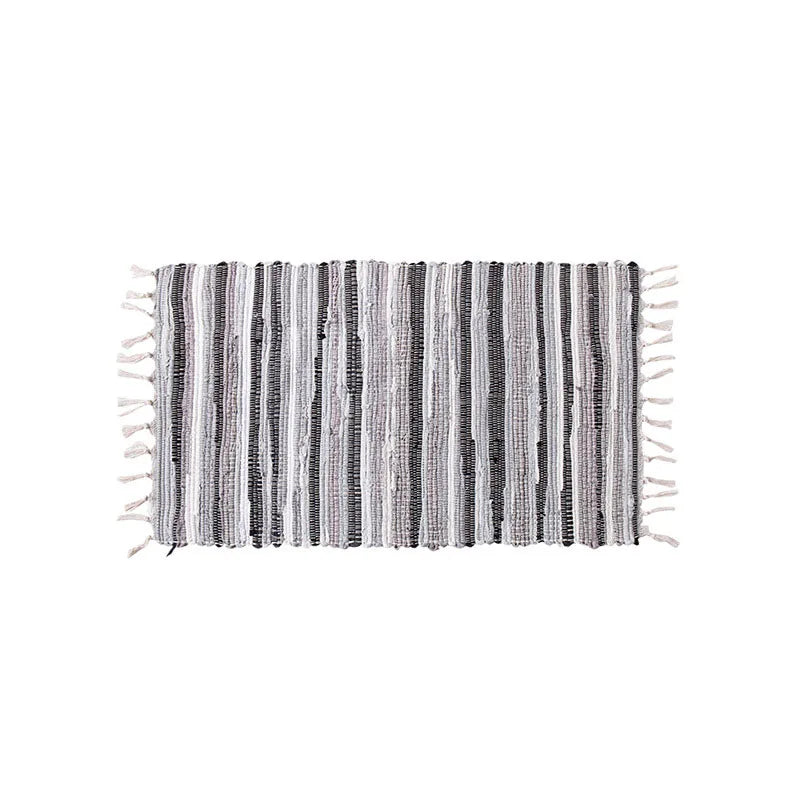 tapis boho ethnique marron beige noir bleu vert gris blanc multicolore rayures horizontales franges
