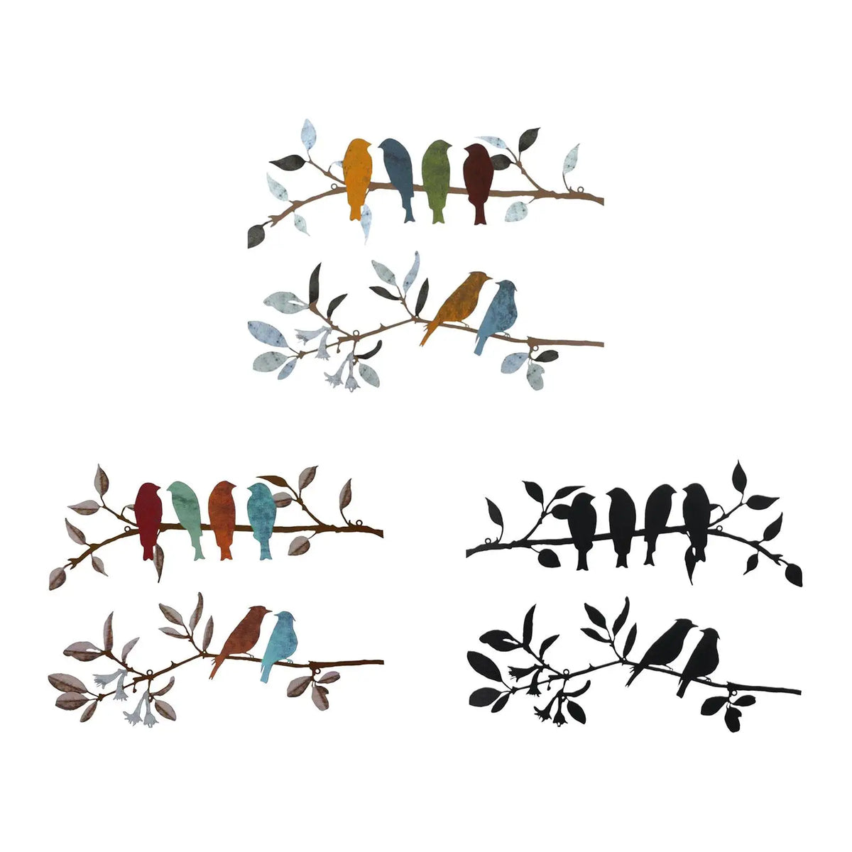 Décoration murale oiseaux en métal vert clair sur fond blanc