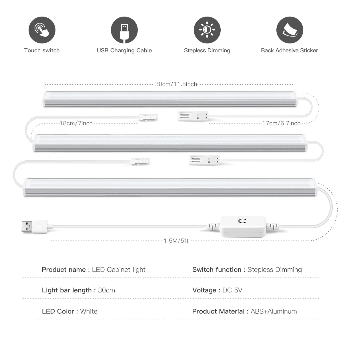 lampe placard led 30cm blanc moderne adhésif interrupteur tactile câble usb