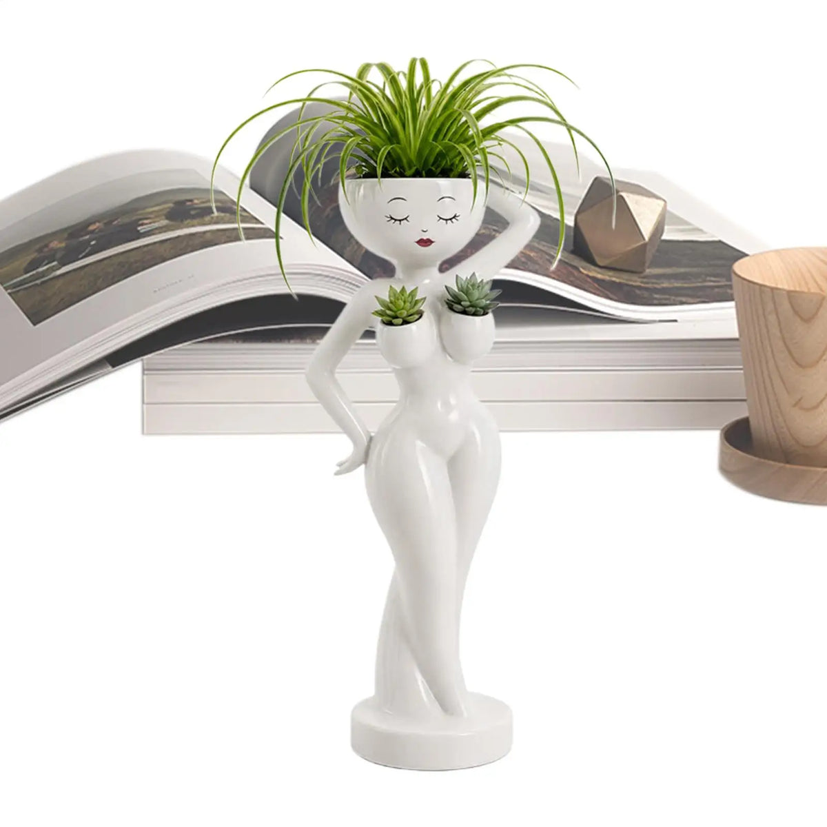 pots fleurs statuette blanche visage stylisé moderne minimaliste intérieur salon