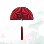 éventail pliant décoratif papier rouge bleu marine doré chinois traditionnel pompon cordelette