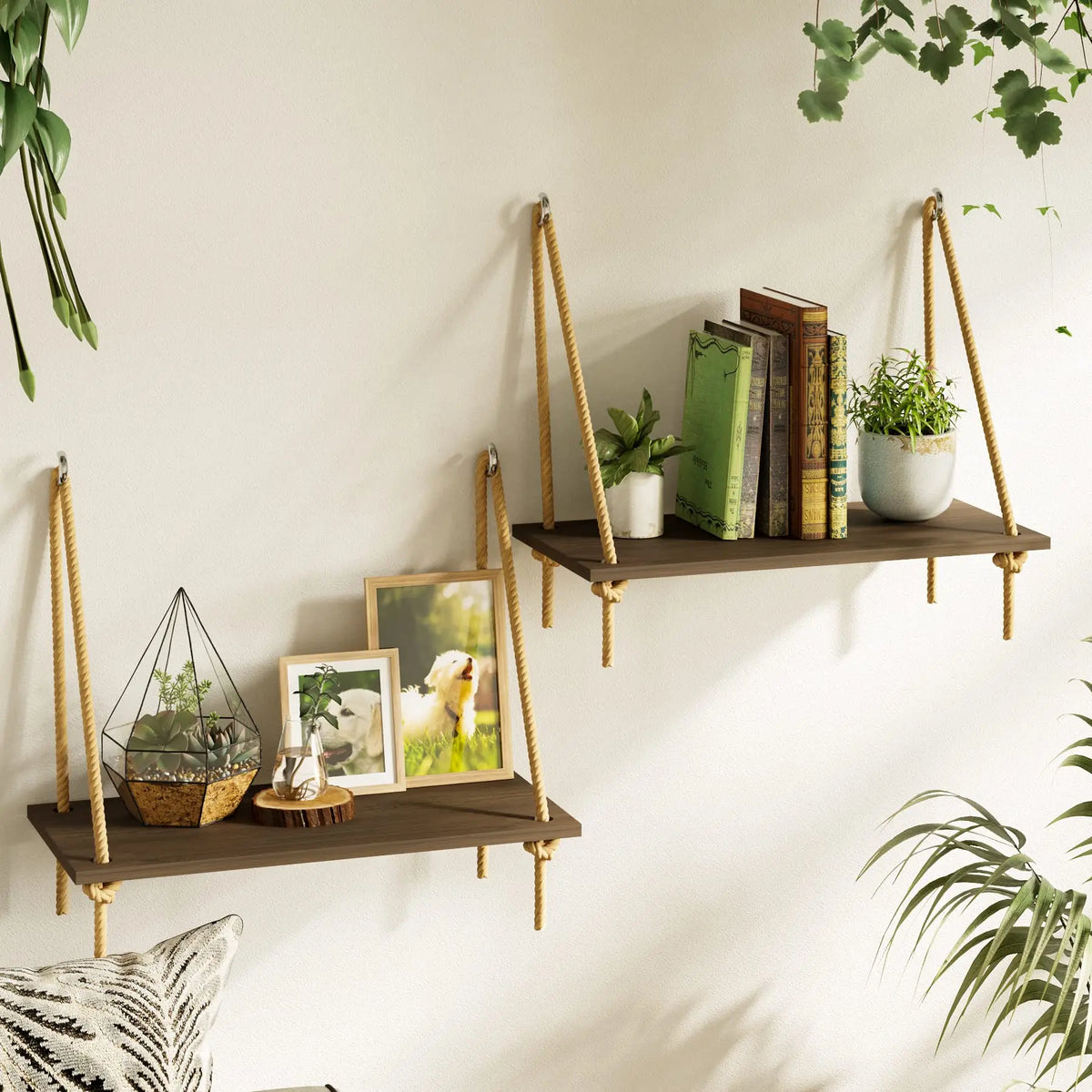 étagère murale suspendue bois marron corde tressée bohème moderne rangement plantes livres photo