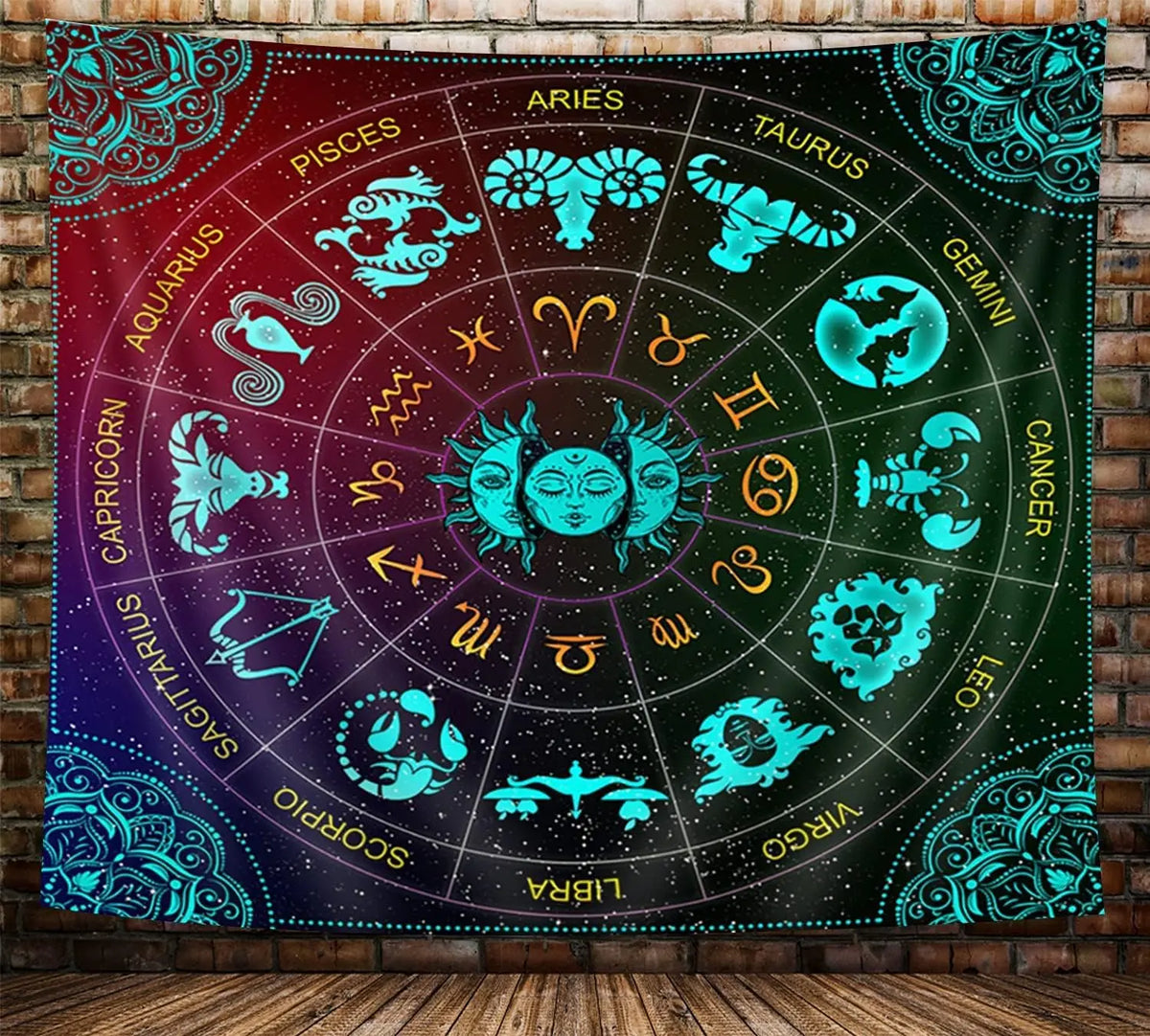 tapis mural décoration astrologie signes zodiaque soleil motifs floraux bohème psychédéliqueintérieur rouge violet bleu
