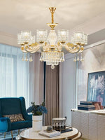 lustre led cristal ornementation dorée contemporain salon salle manger villa