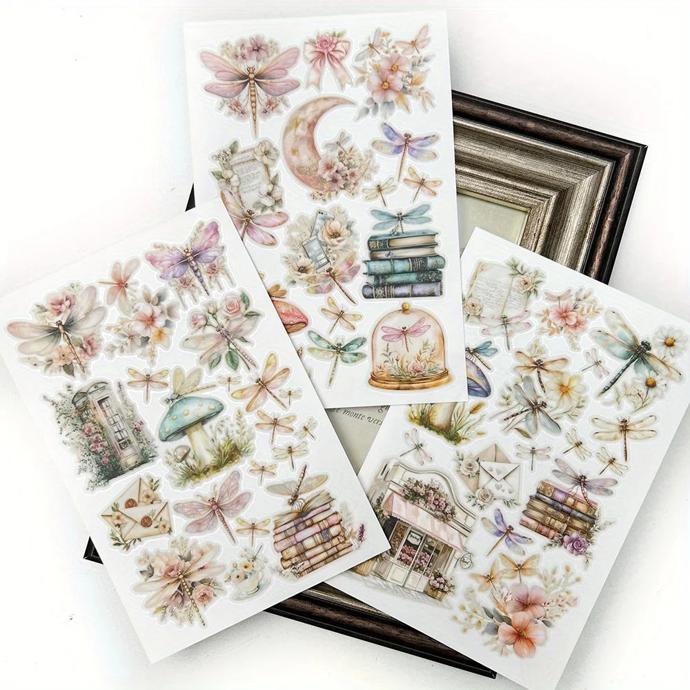 autocollants floral libellules champignons livres papillon lune roses beiges verts bleus blancs vintage romantique