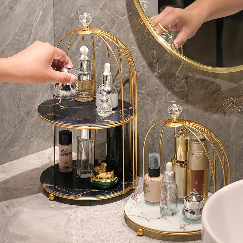 cage bijoux moderne or noir marbre élégante pinceau maquillage flacons cosmétiques diverse ornementalité respectueux
